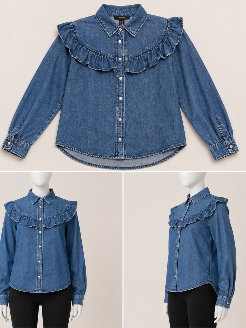Forever 21 Ruffled Denim Button-Front Shirt - Blue